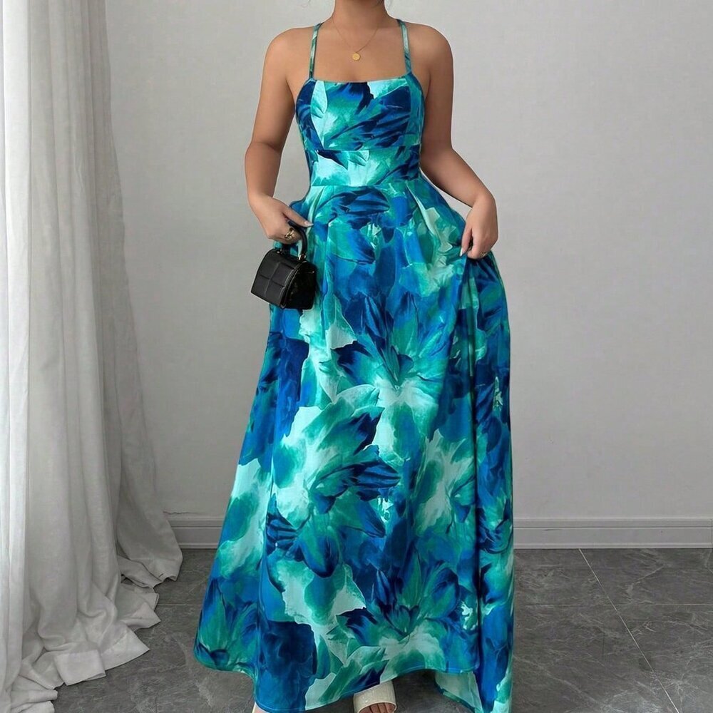 Blue Boho Women's Ink Print Criss-Cross Tie Long Dress - Picture 5 of 5